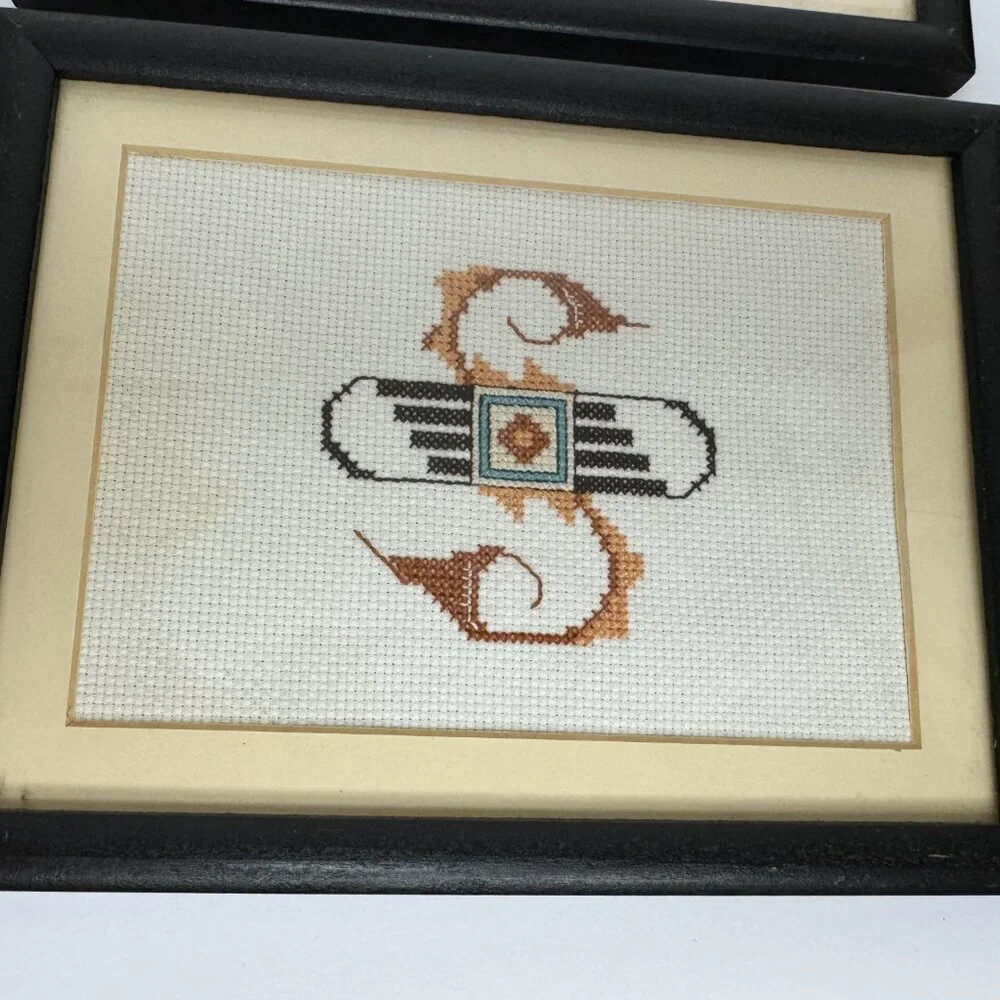 Vintage Hand Cross Stitch Native American Symbols Framed Set of 4